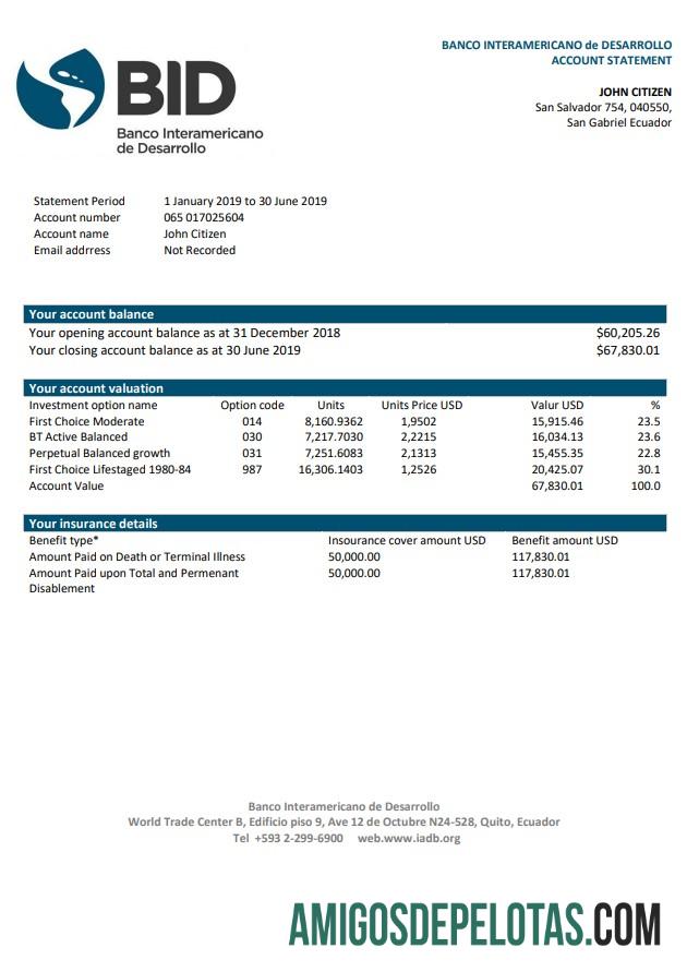 Modelo de extrato bancário do Banco Interamericano de Desenvolvimento (BID) do Equador