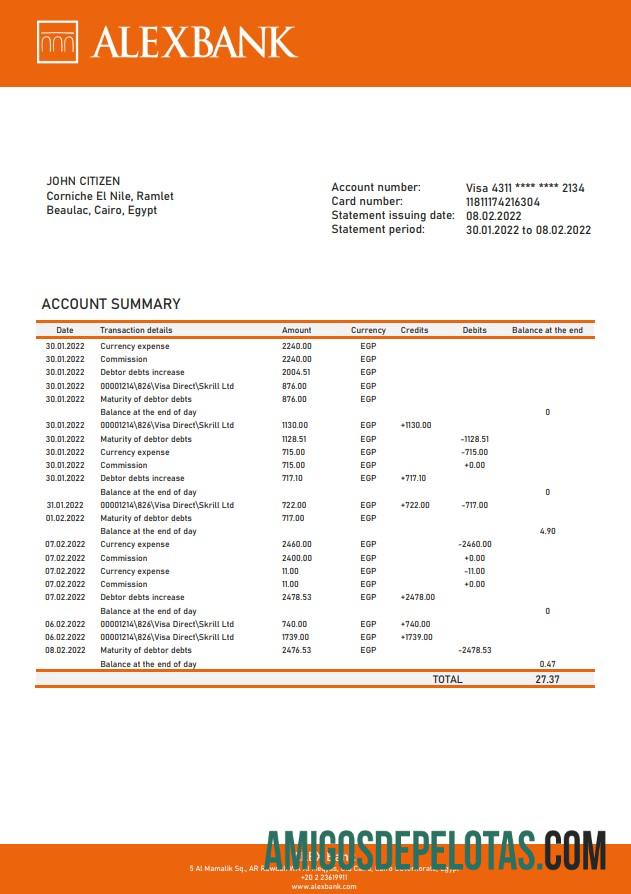 Exemplo de extrato do Egypt Alex Bank Of Egypt