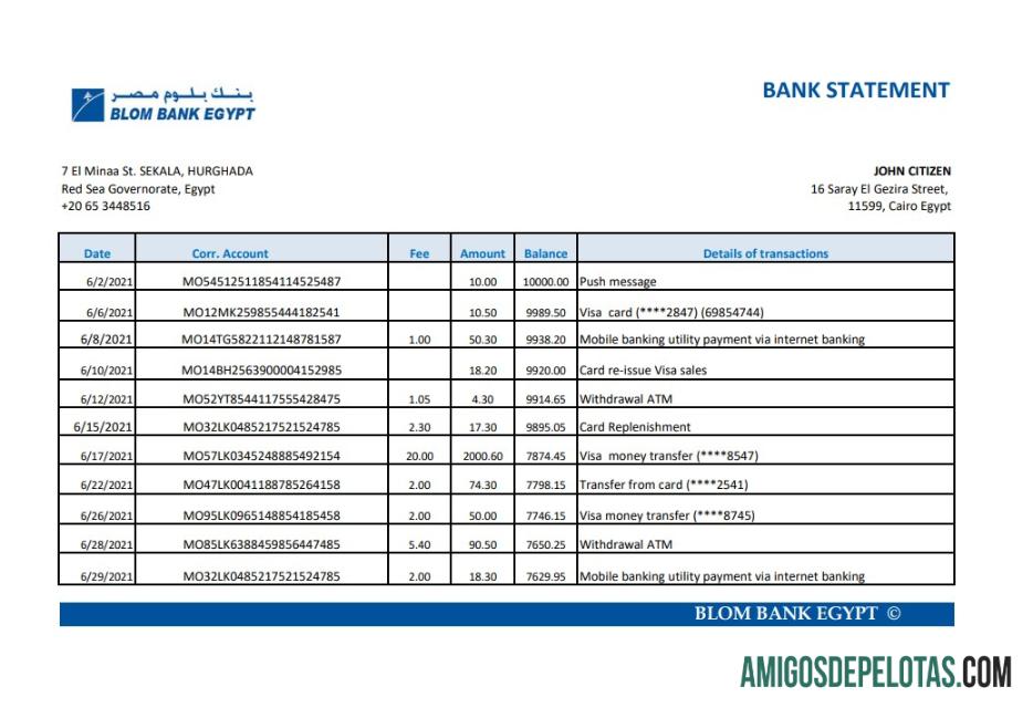Extrato bancário em branco do Egypt Blom Bank Of Egypt Modelo fácil de preencher em formato Excel e PDF