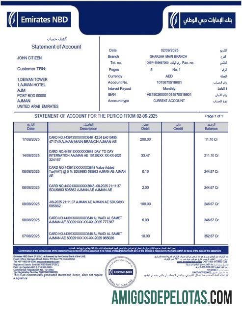Extrato de conta Emirates NBD em branco Modelo Word e PDF