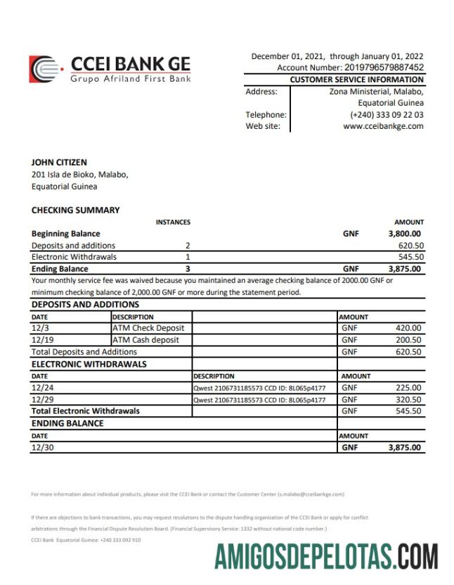 Extrato bancário CCEI da Guiné Equatorial para download em Excel e modelo PDF