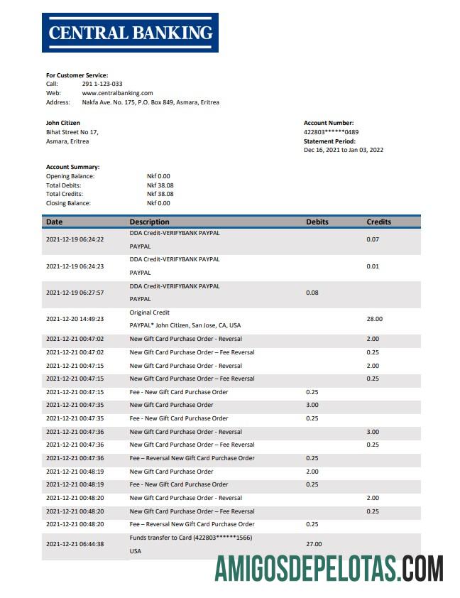 Eritrea Central modelo de extrato bancário