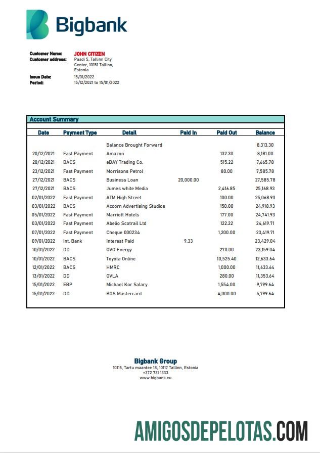 Estonia Bigbank extrato bancário amostra