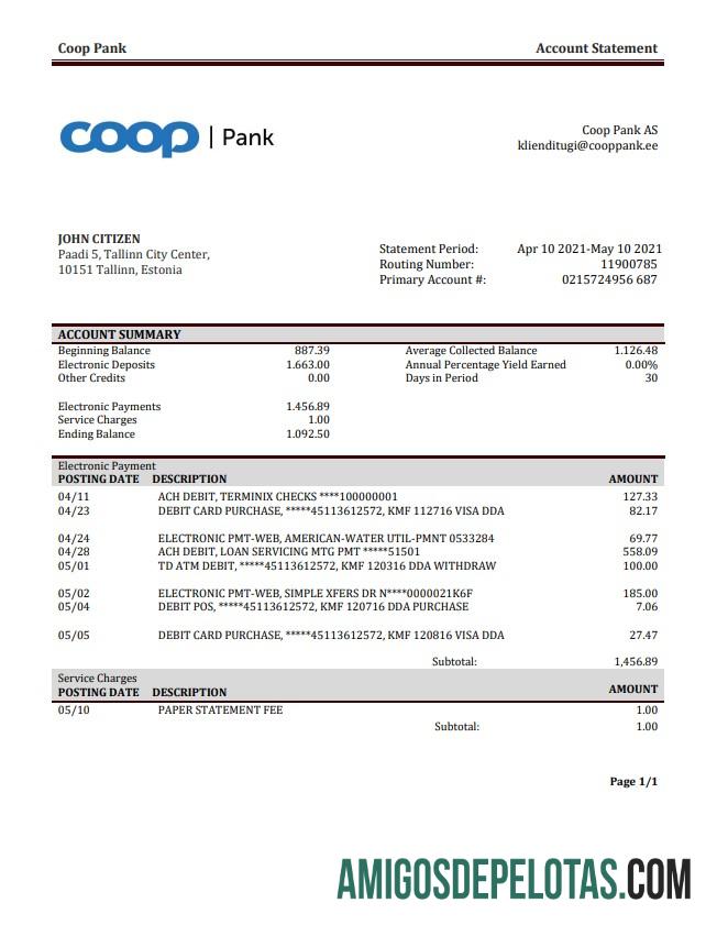 Estonia Coop Pank extrato bancário amostra