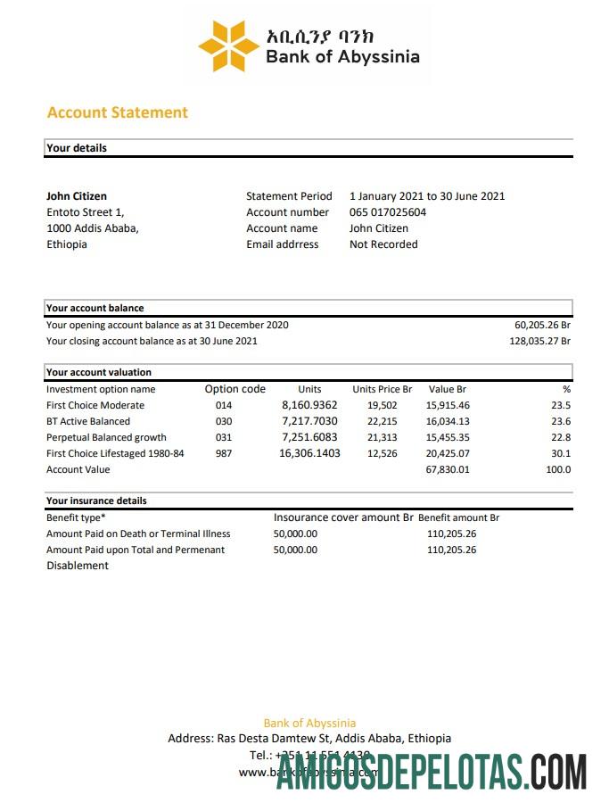 Extrato bancário do Banco da Abissínia para impressão, modelo fácil de preencher em formato de arquivo .xls e .pdf
