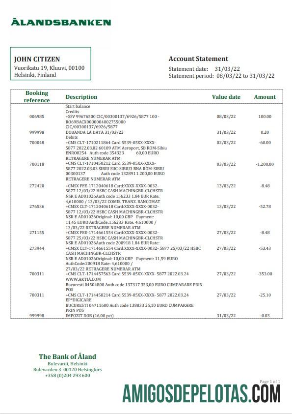 Modelo de extrato bancário da Finlândia Aland para download, formato Word e PDF