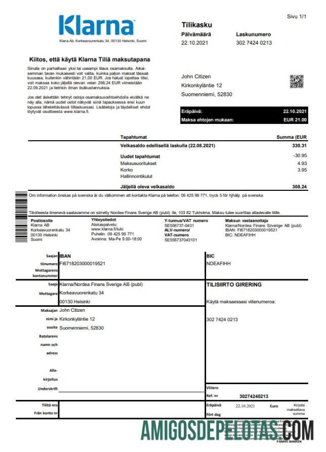 Finland Klarna Bank Excel Pdf amostra