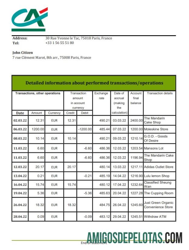 Exemplo de extrato bancário do Credit Agricole da França Xls