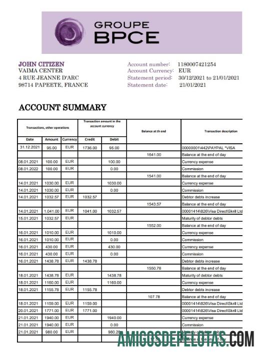 Extrato bancário em branco do France Groupe BPCE modelo fácil de preencher em formato Excel e PDF