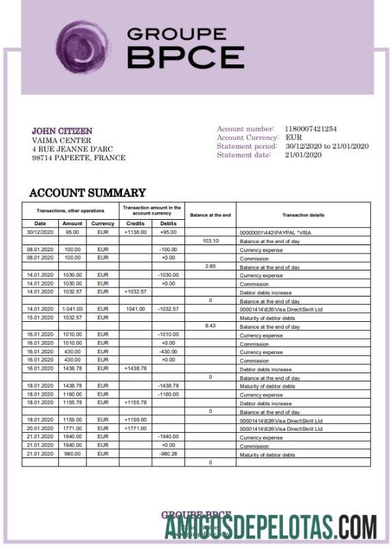 Exemplo de extrato bancário do France Groupe BPCE