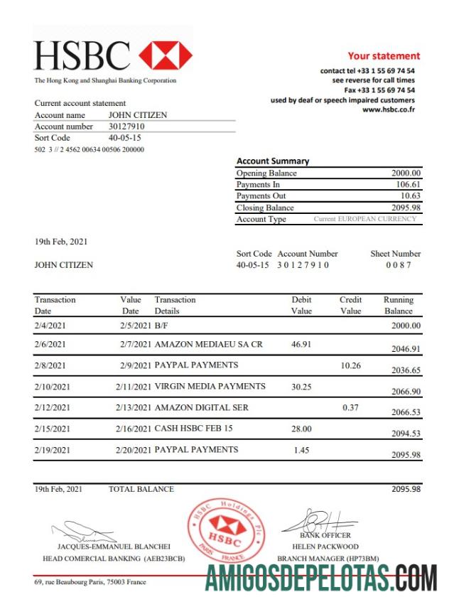 Modelo de extrato bancário HSBC da França para impressão em formato de arquivo .xls e .pdf