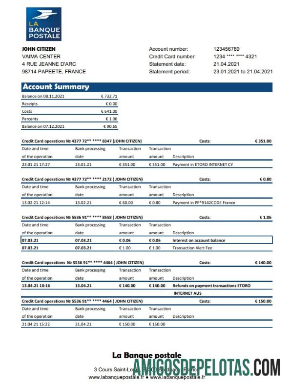 Extrato bancário do France La Banque Postale para download, modelo fácil de preencher em formato de arquivo .xls e .pdf