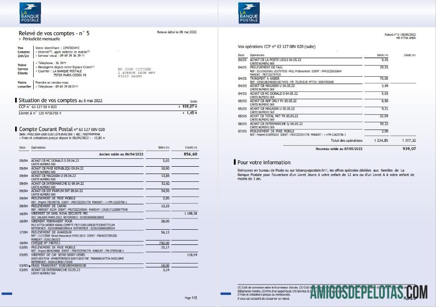 France La Banque Postale Bank Statement 3 Pages amostra