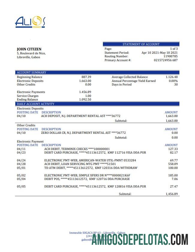 Exemplo de extrato bancário do Gabão Alios Finance