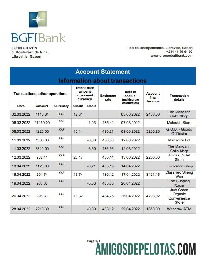 Gabon BGFI modelo de extrato bancário