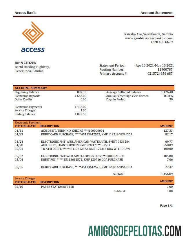 Modelo de extrato bancário de acesso da Gâmbia