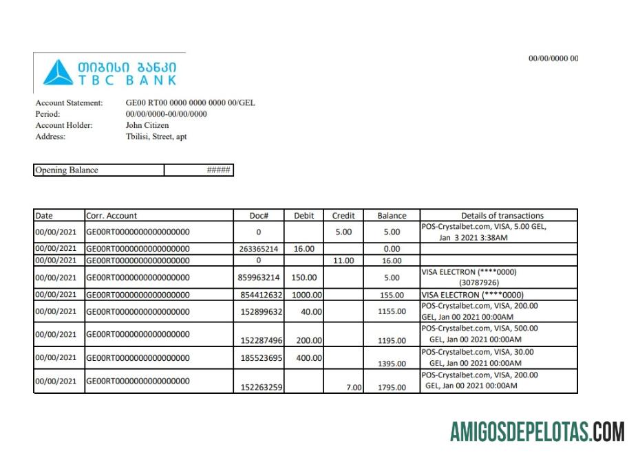 Extrato bancário Georgia TBC em branco, modelo fácil de preencher em formato Excel e PDF