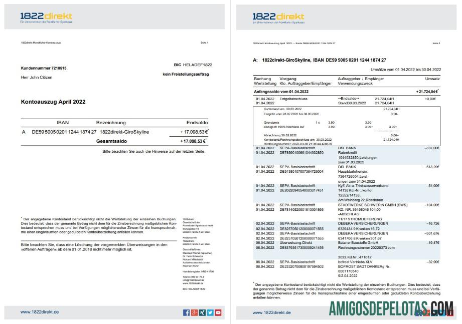 Alemanha 1822direkt Extrato bancário em alemão, exemplo de 6 páginas