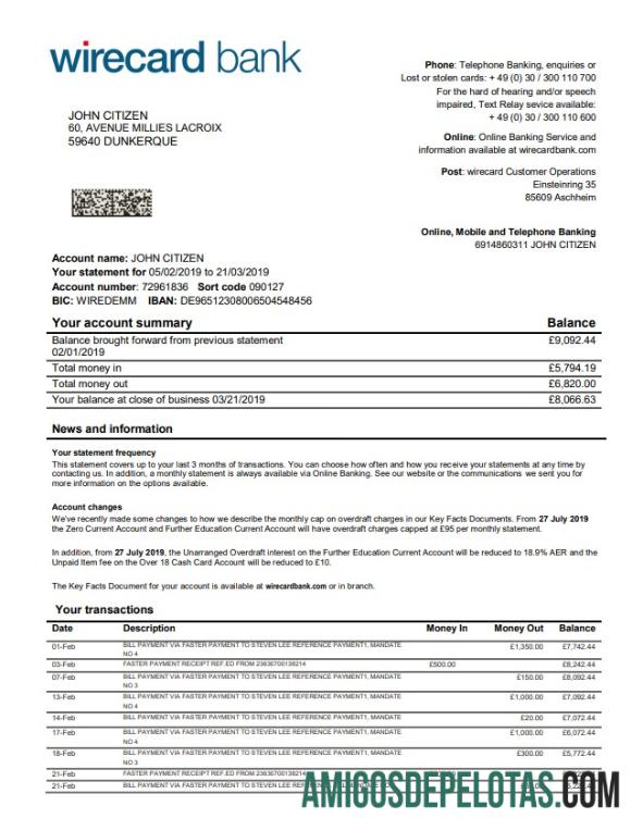Modelo de extrato bancário Alemanha Aschheim Wirecard