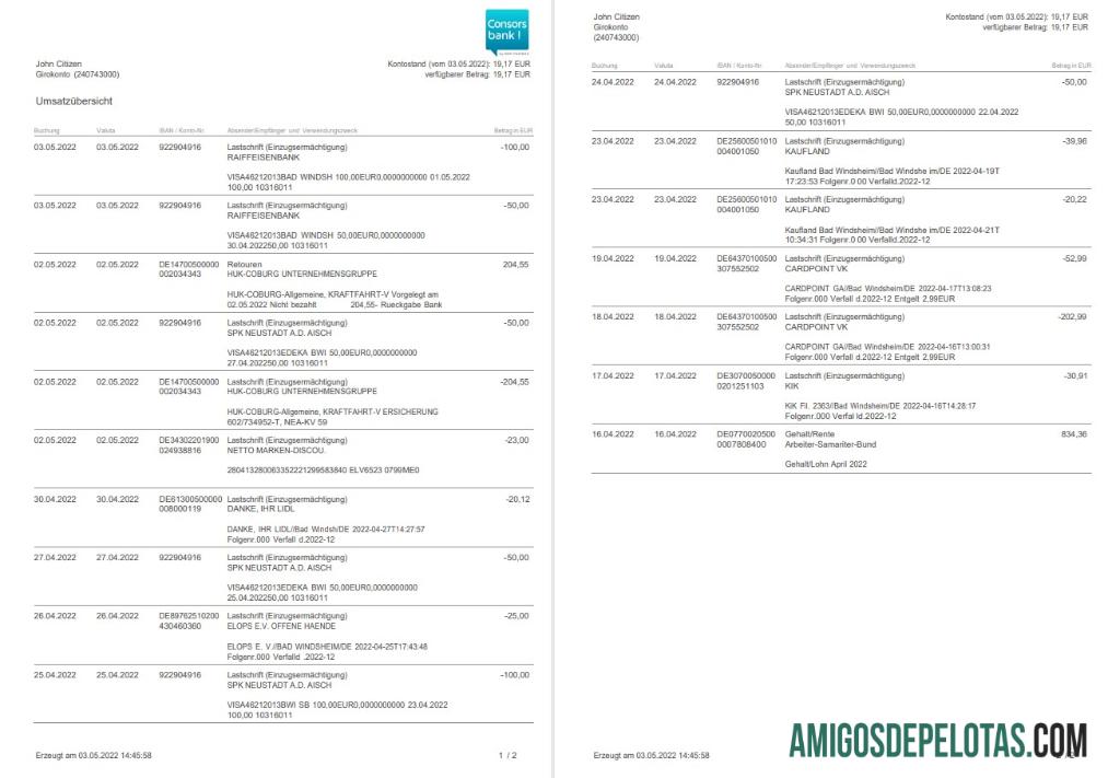 Exemplo de extrato de 2 páginas do Consorsbank da Alemanha