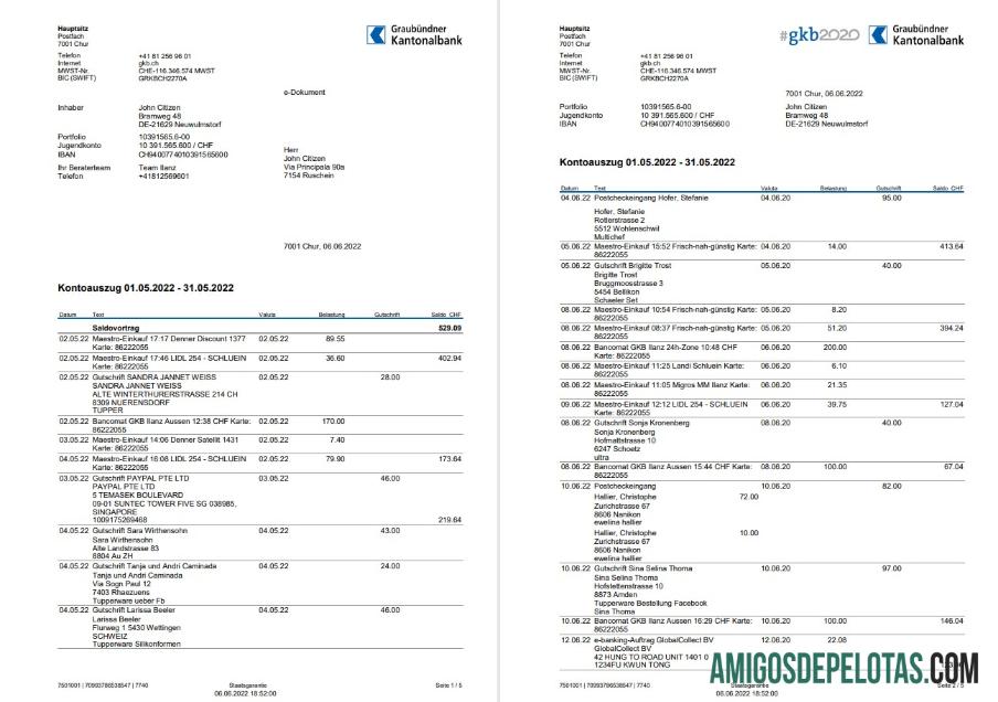 Declaração do Graubundner Kantonalbank da Alemanha em alemão, amostra de 4 páginas
