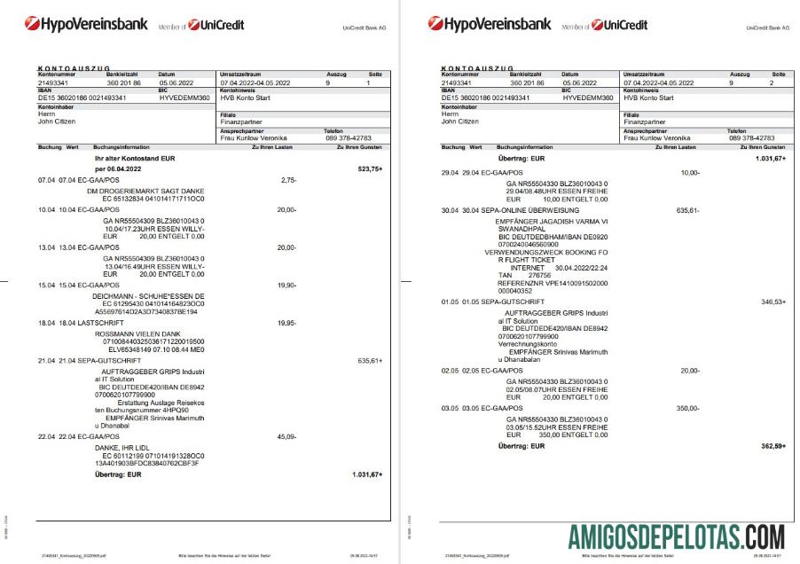 Extrato do HypoVereinsbank da Alemanha em alemão, modelo de 3 páginas