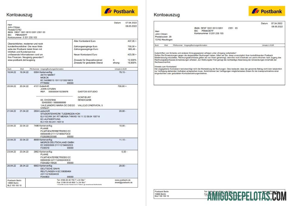 Extrato Postbank da Alemanha, modelo de 2 páginas