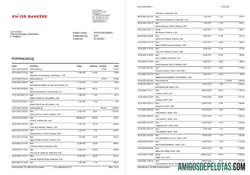 Modelo de extrato bancário suíço da Alemanha de 5 páginas