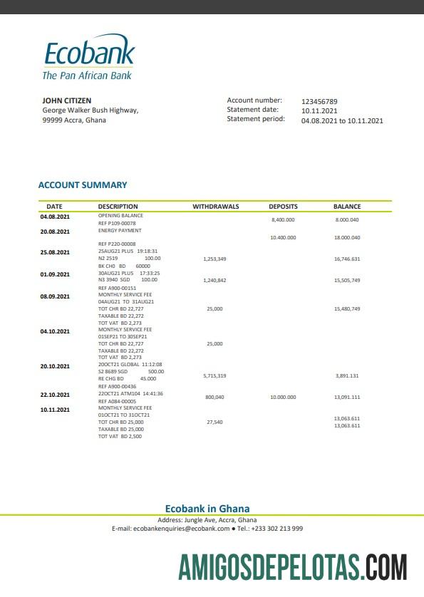 Modelo de extrato bancário do Ecobank de Gana em branco, formato Word e PDF
