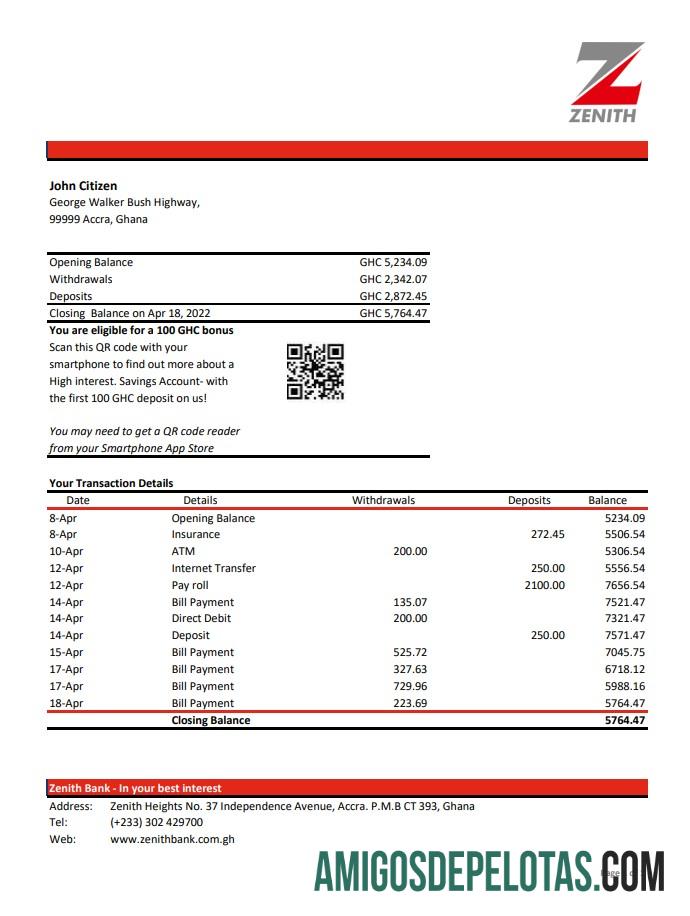 Exemplo de extrato bancário Zenith de Gana