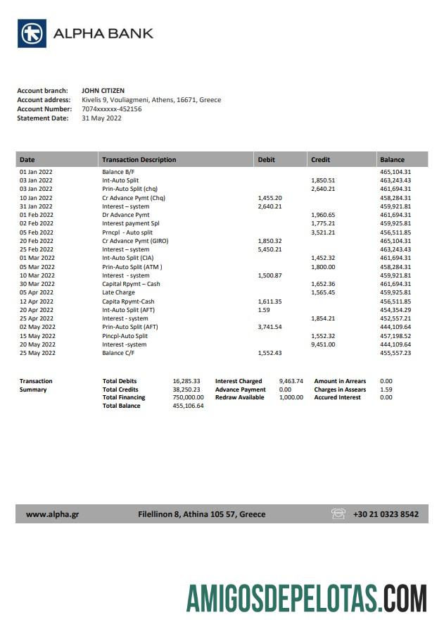 Greece Alpha modelo de extrato bancário