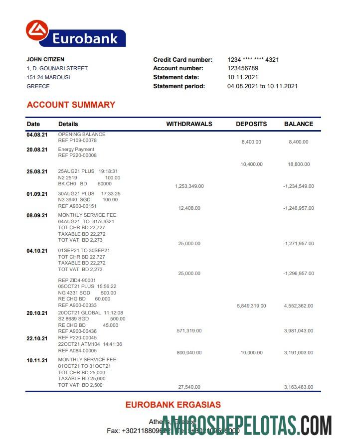 em branco Grécia Eurobank Ergasias Extrato bancário modelo fácil de preencher em formato Excel e PDF