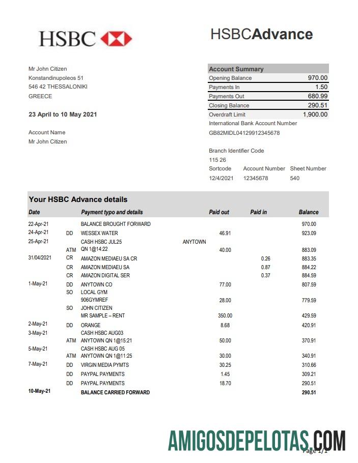 Extrato bancário HSBC da Grécia em branco Modelo fácil de preencher em formato Excel e PDF