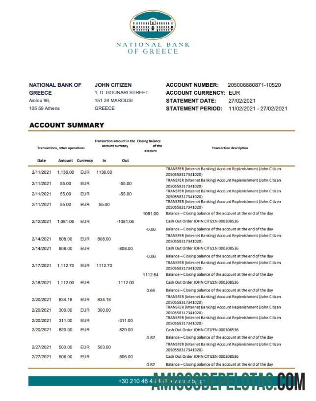 Modelo de extrato bancário do Banco Nacional da Grécia para impressão em formato de arquivo .xls e .pdf