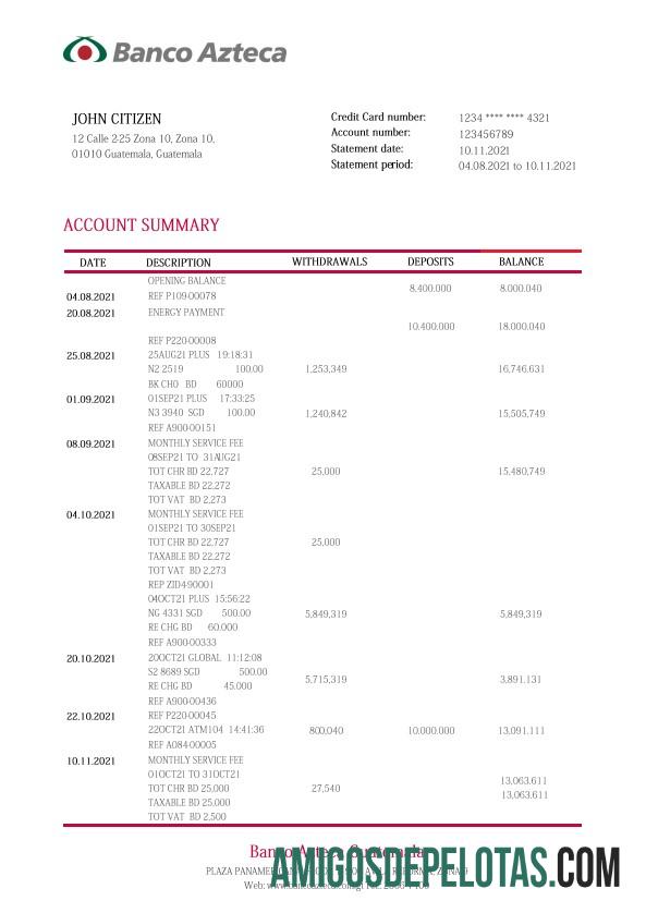 modelo realista de extrato bancário Guatemala Azteca, formato Word e PDF