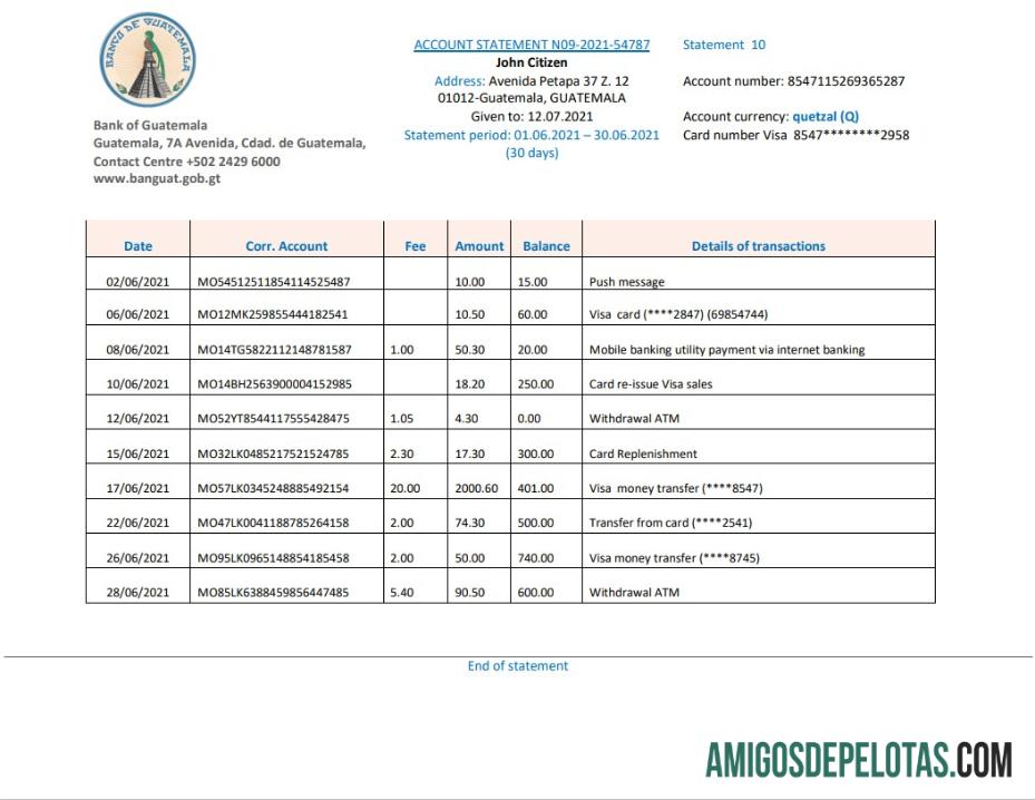 Guatemala Banco De Guatemala modelo de extrato bancário