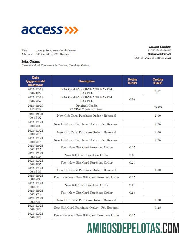 Exemplo de extrato bancário de acesso à Guiné
