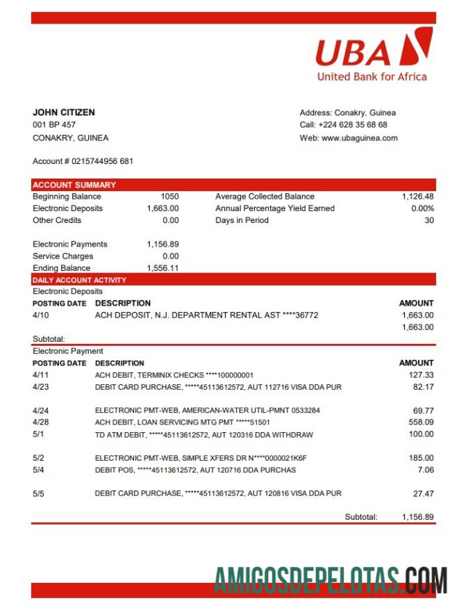 Modelo de extrato bancário da Guiné UBA para impressão em formato Excel e PDF