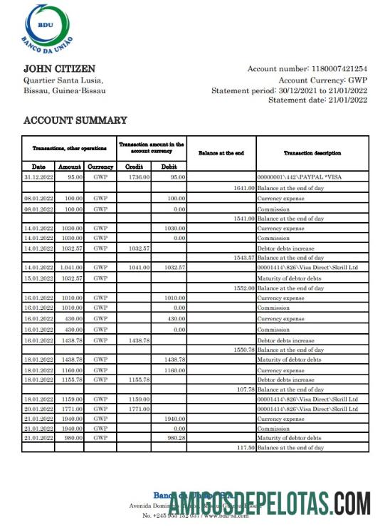 Guinea Bissau Banco Da Uniao Bank Statement Xls examplo