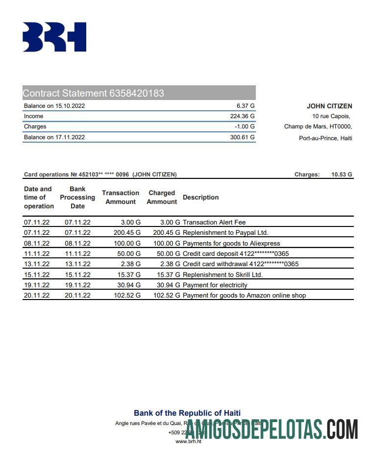 Extrato bancário Haiti BRH modelo Xls