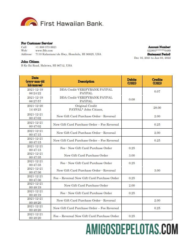 Modelo de extrato bancário para impressão do primeiro extrato bancário havaiano do Havaí em formato Word e PDF