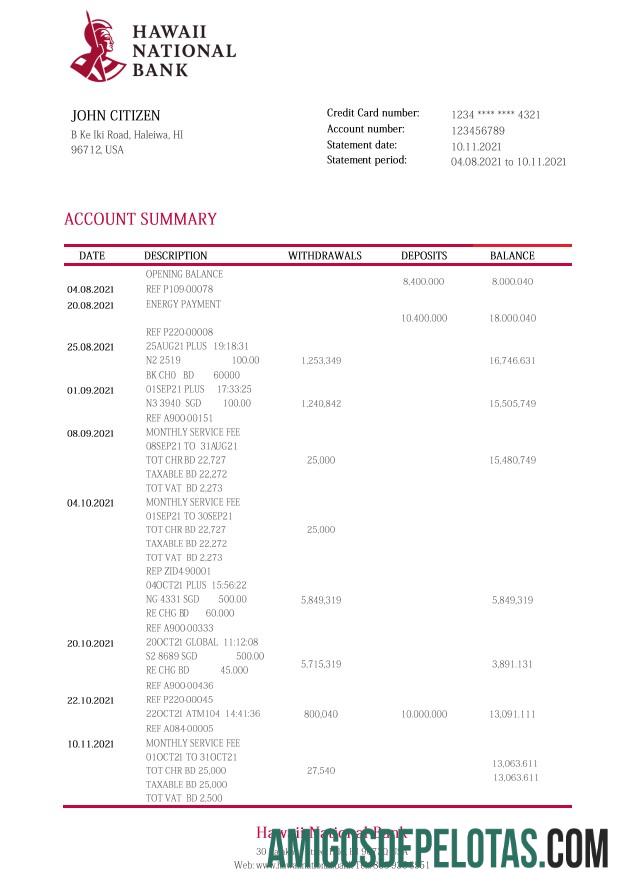 Modelo de extrato bancário nacional do Havaí