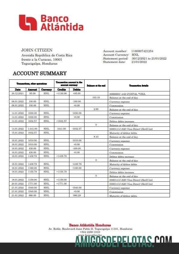 Honduras Banco Atlantida Statement modelo