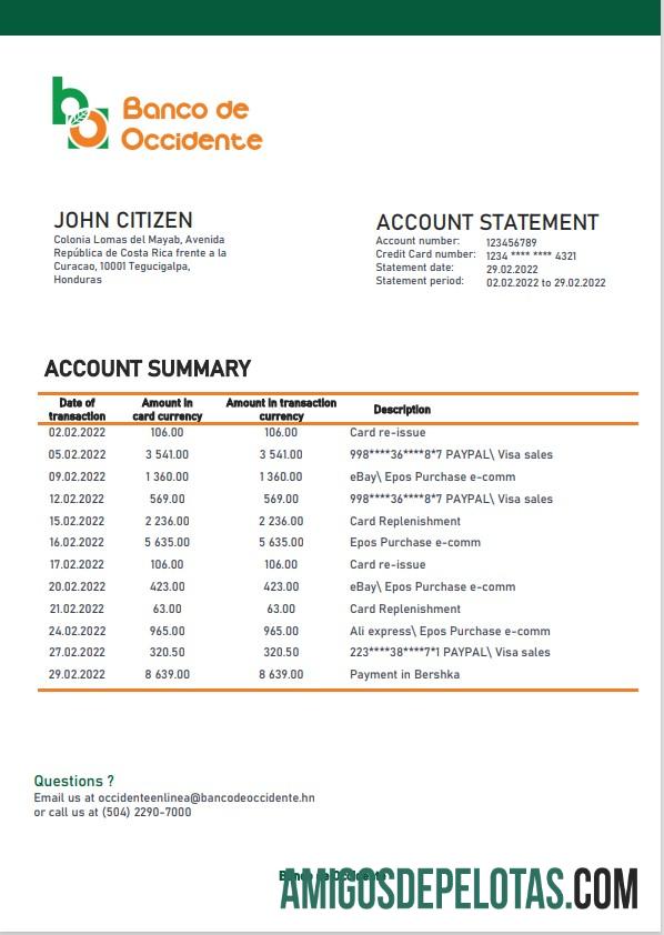 Modelo de extrato bancário para impressão do Banco De Ovest de Honduras em formato Word e PDF