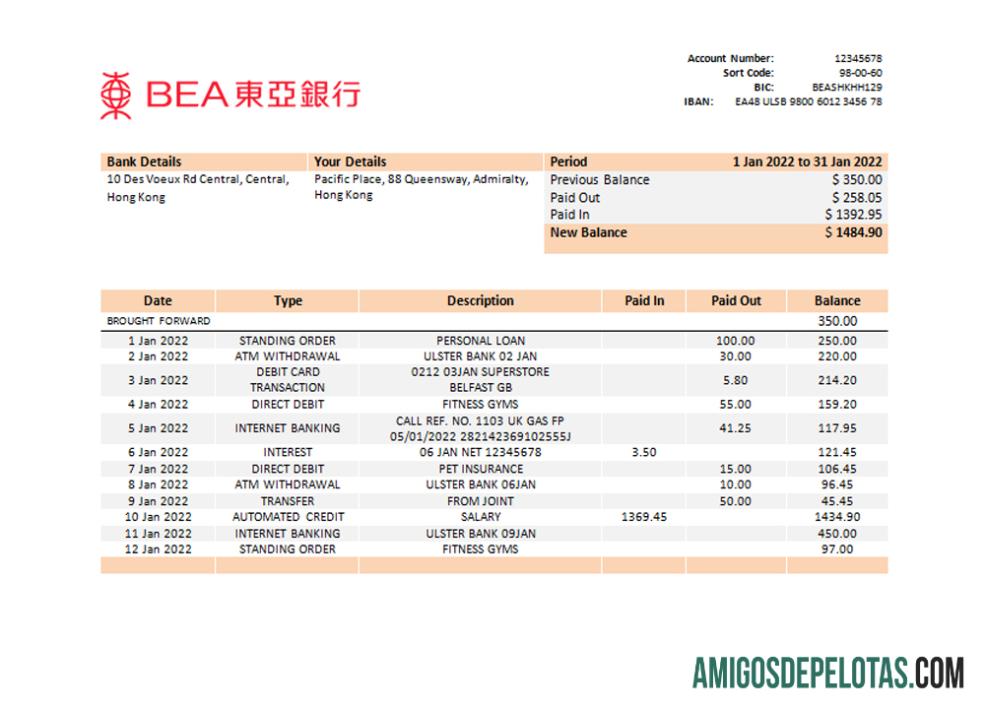Modelo de extrato bancário BEA de Hong Kong para impressão, formato Word e PDF