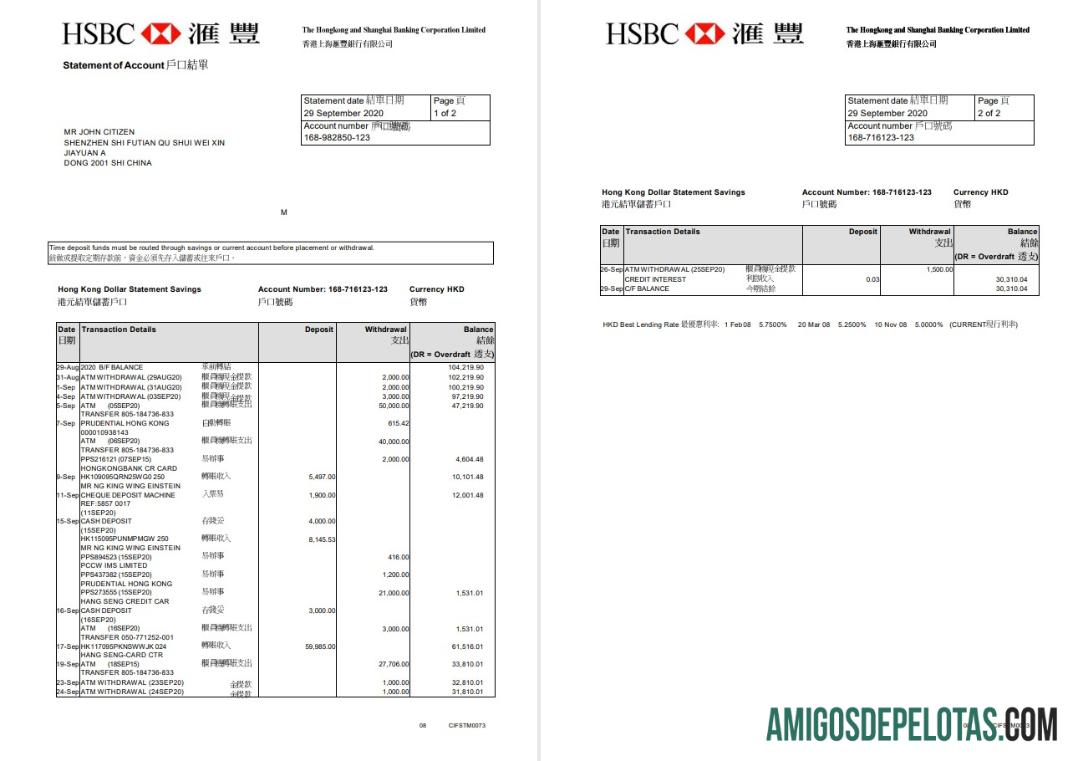 Hong Kong HSBC Exemplo de 2 páginas da Hongkong And Shanghai Banking Corporation