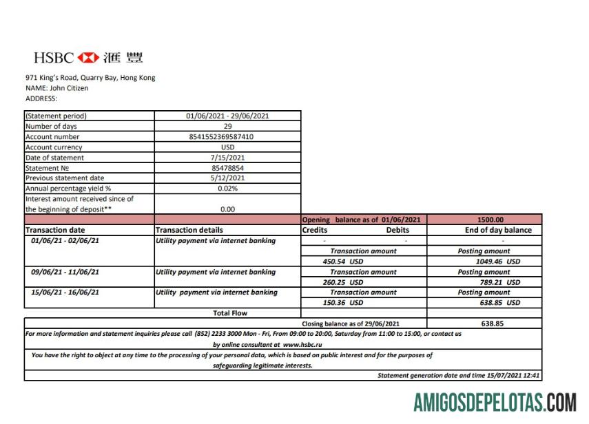 Extrato bancário HSBC de Hong Kong em branco, modelo fácil de preencher em formato de arquivo .xls e .pdf
