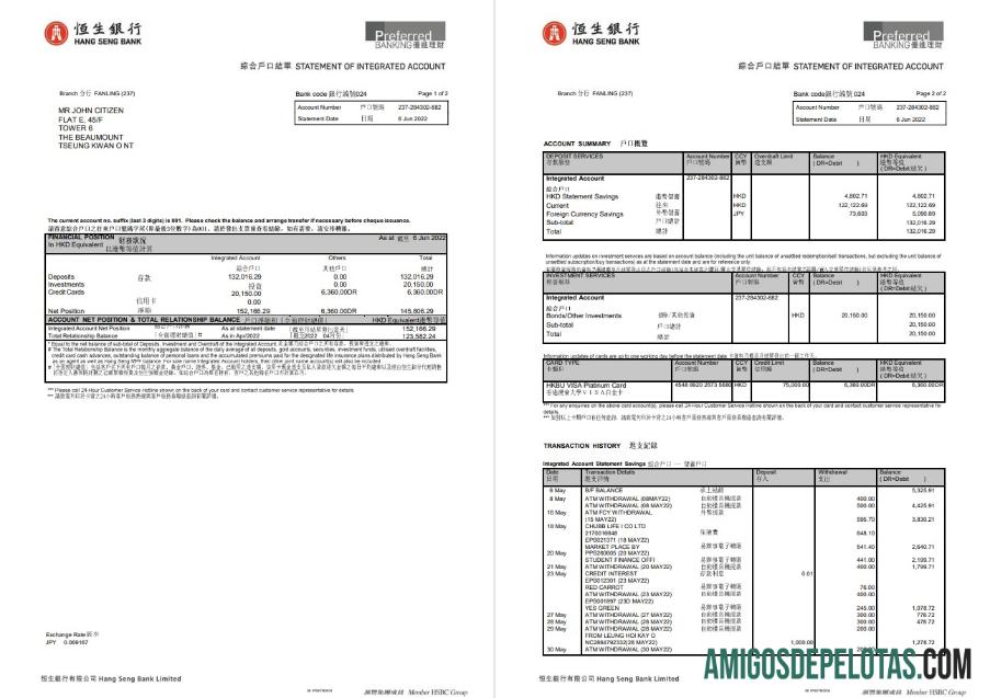 Modelo de extrato bancário Hang Seng de Hong Kong, 2 páginas