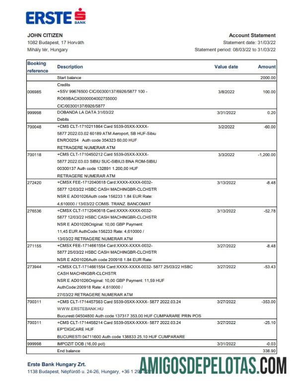 Exemplo de extrato bancário Erste da Hungria Xls