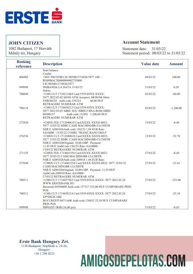 Hungary Erste extrato bancário amostra